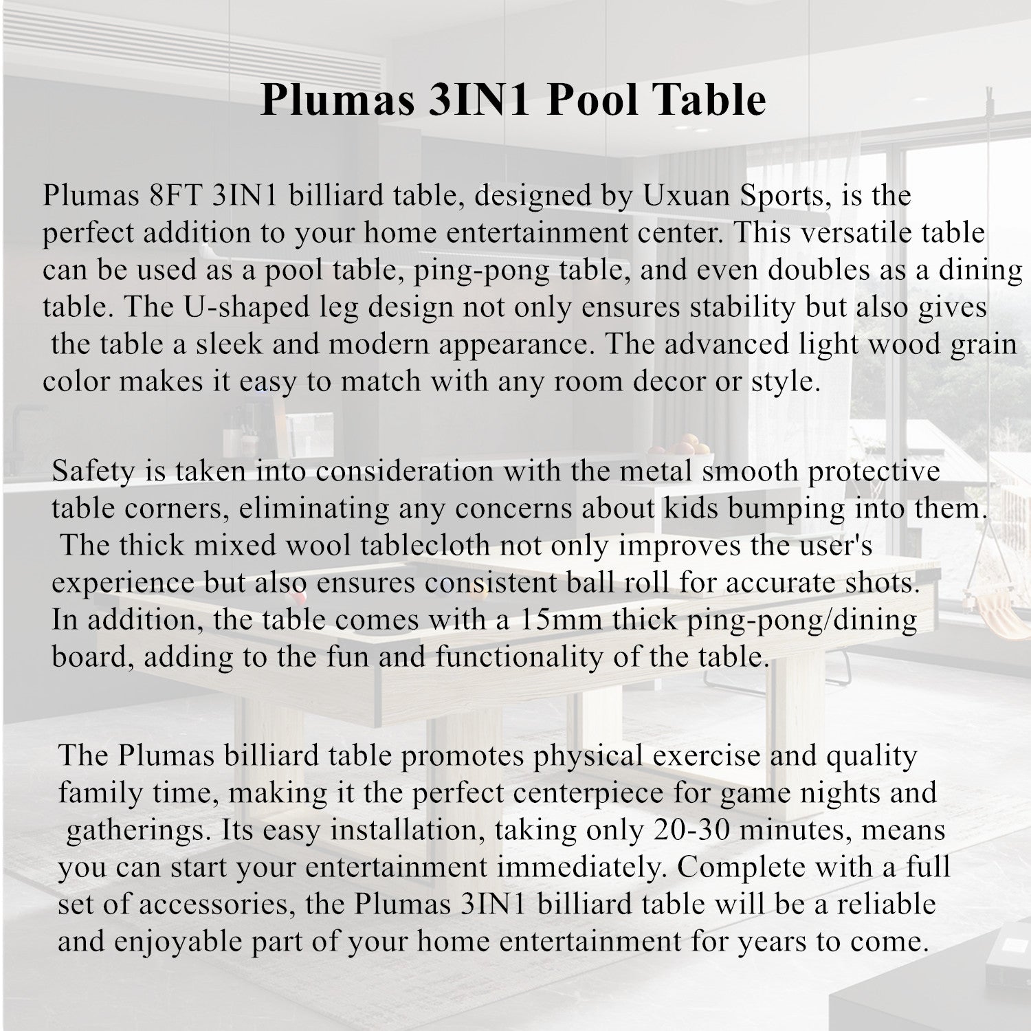 Plumas Dining Pool Table- 8FT 3IN1