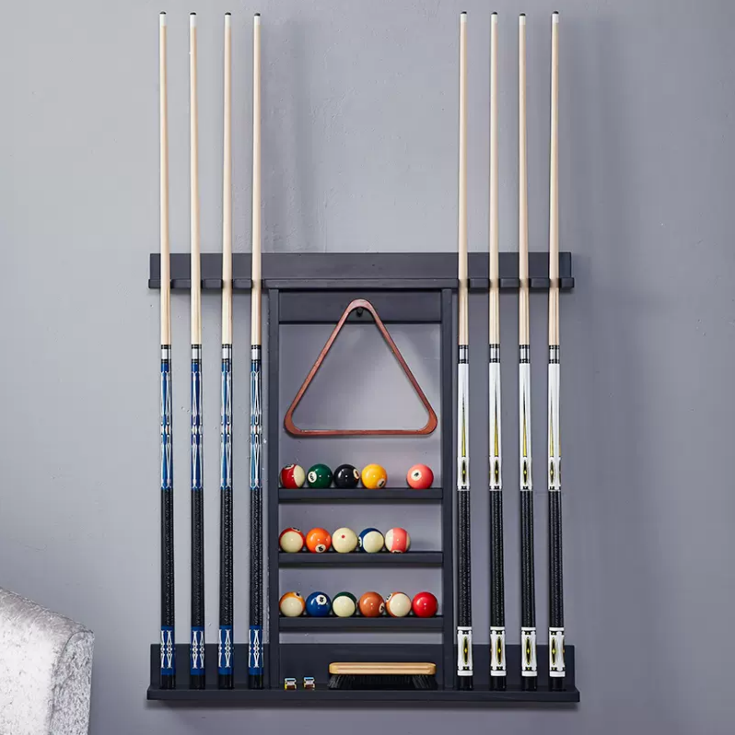 Billiard Wall Rack With 8 Holes - Solid Wood Black