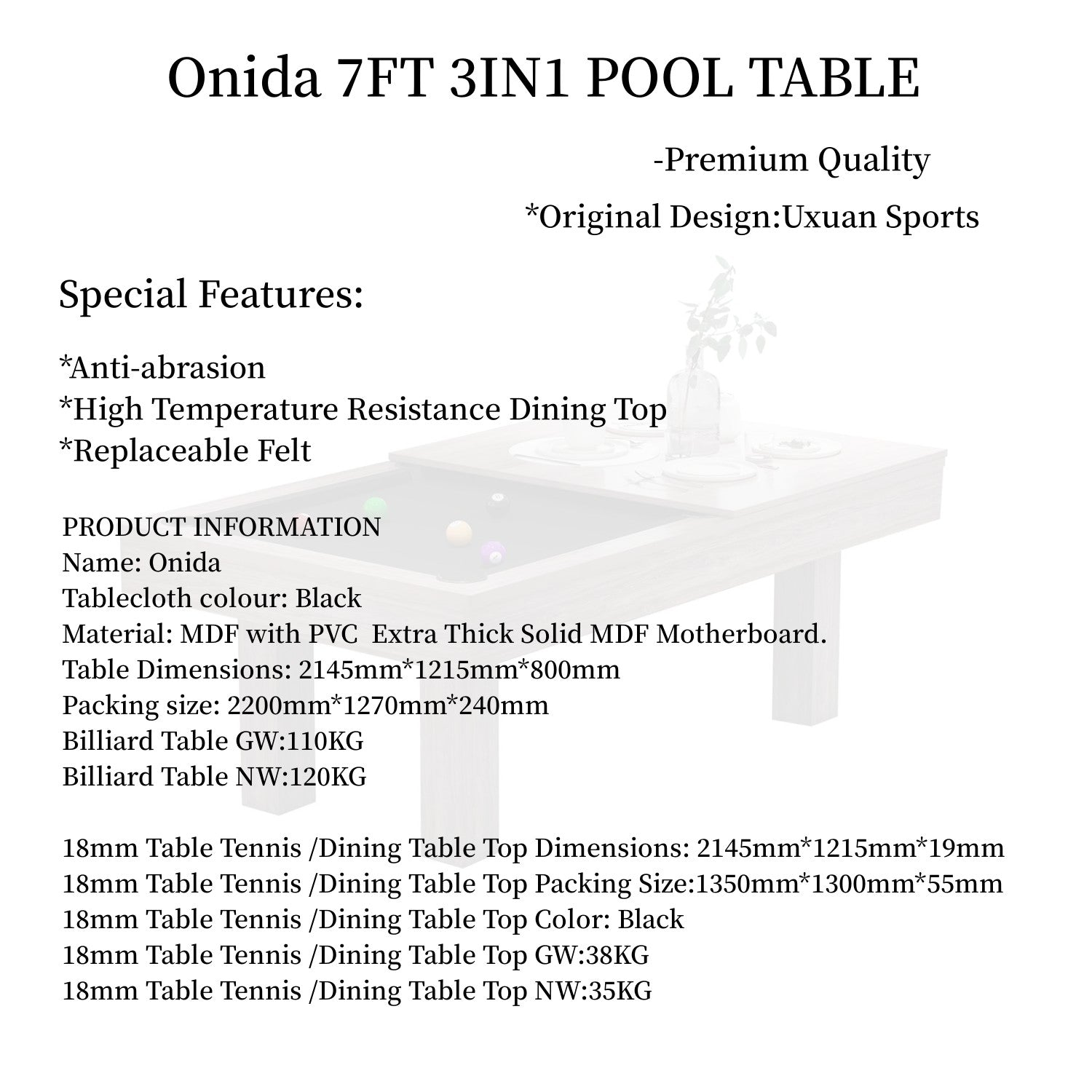 Onida Dining Pool Table - 3IN1 7FT