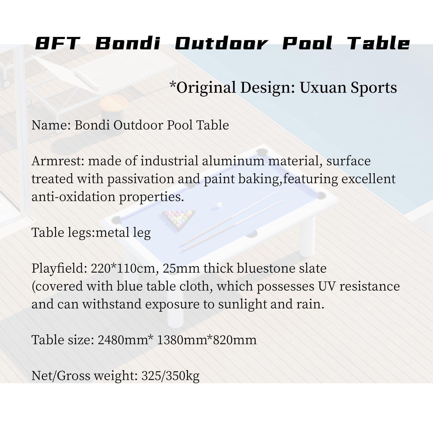8FT Bondi Slate Pool Table - Outdoor