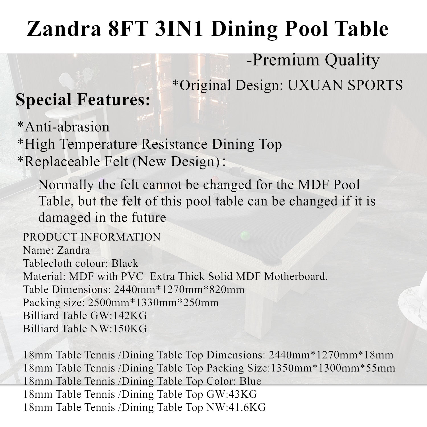 Zandra Dining Pool Table-3IN1 8FT