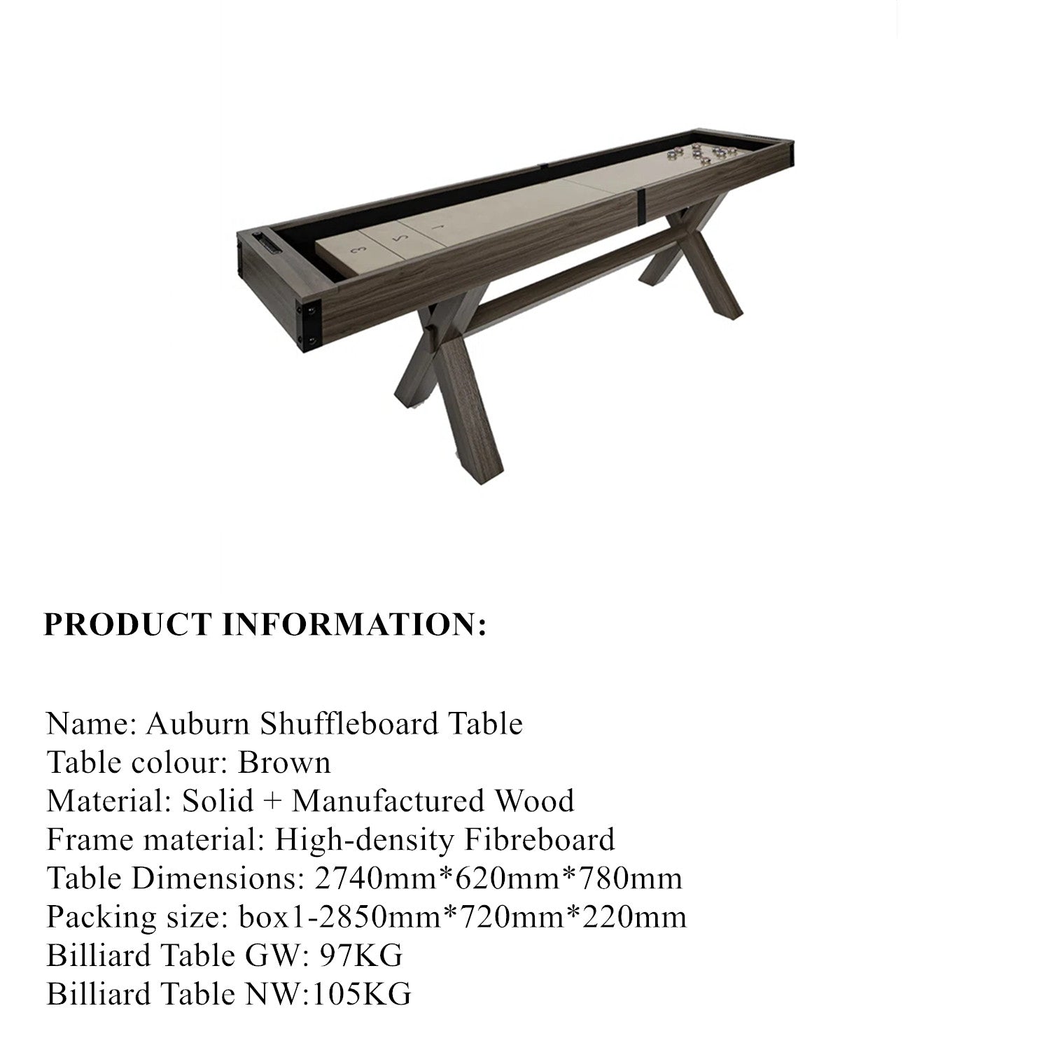 9FT Auburn Shuffleboard Table