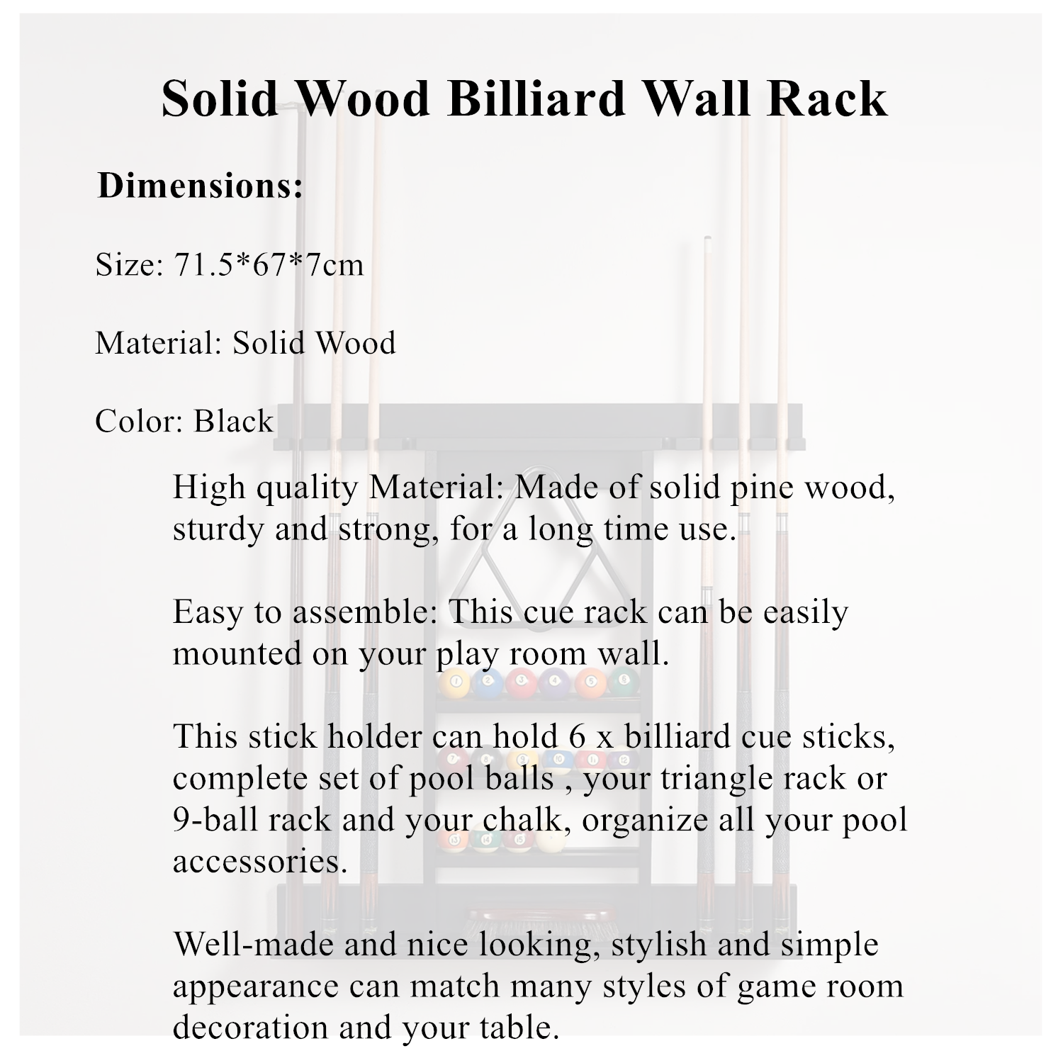 Billiard Wall Rack With 6 Holes - Solid Wood Black