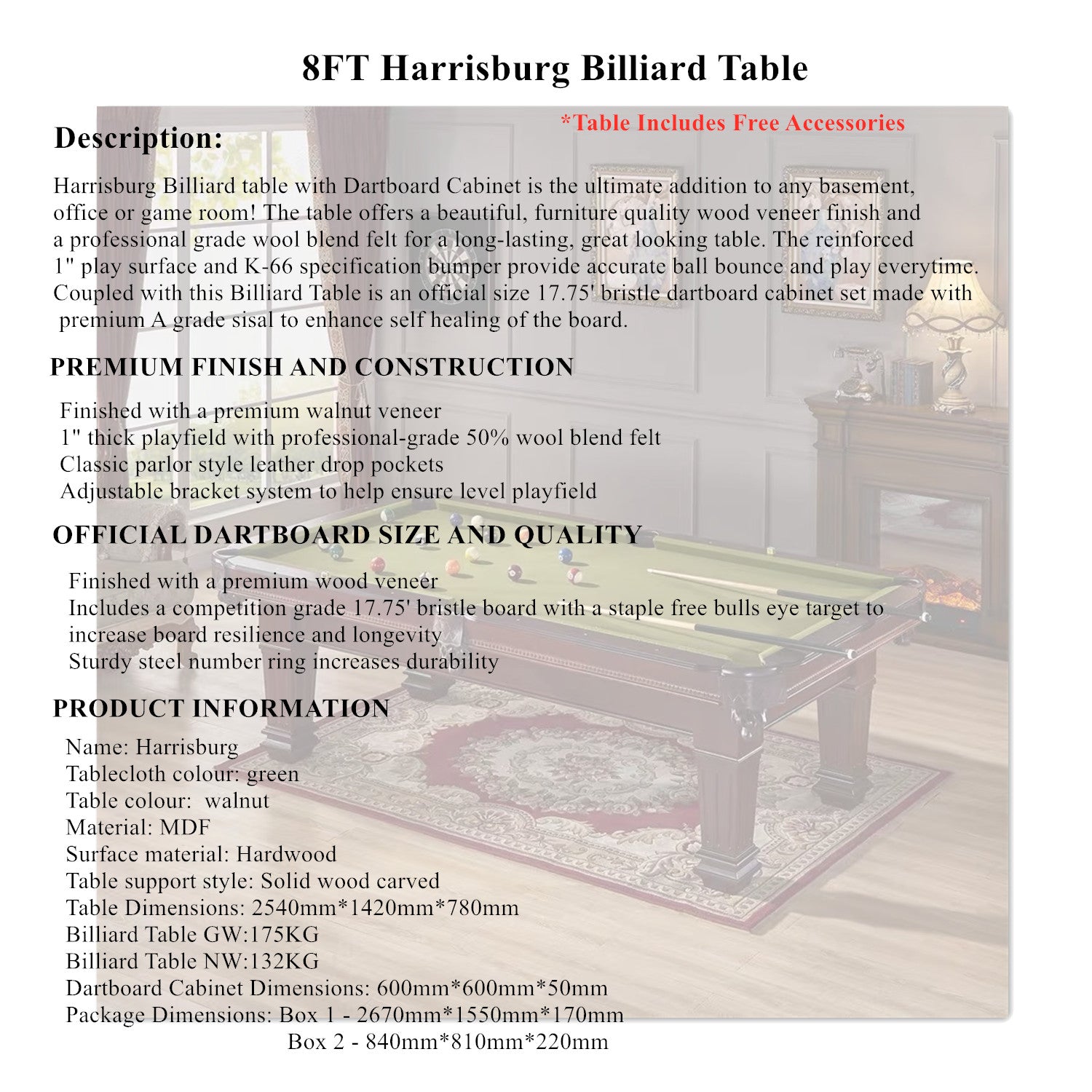 Harrisburg Pool Table-8FT 2IN1