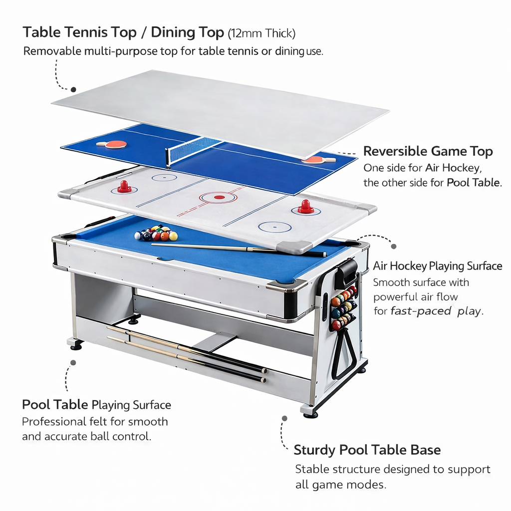 7FT 4IN1 Convertible Pool Table-White with Blue Felt