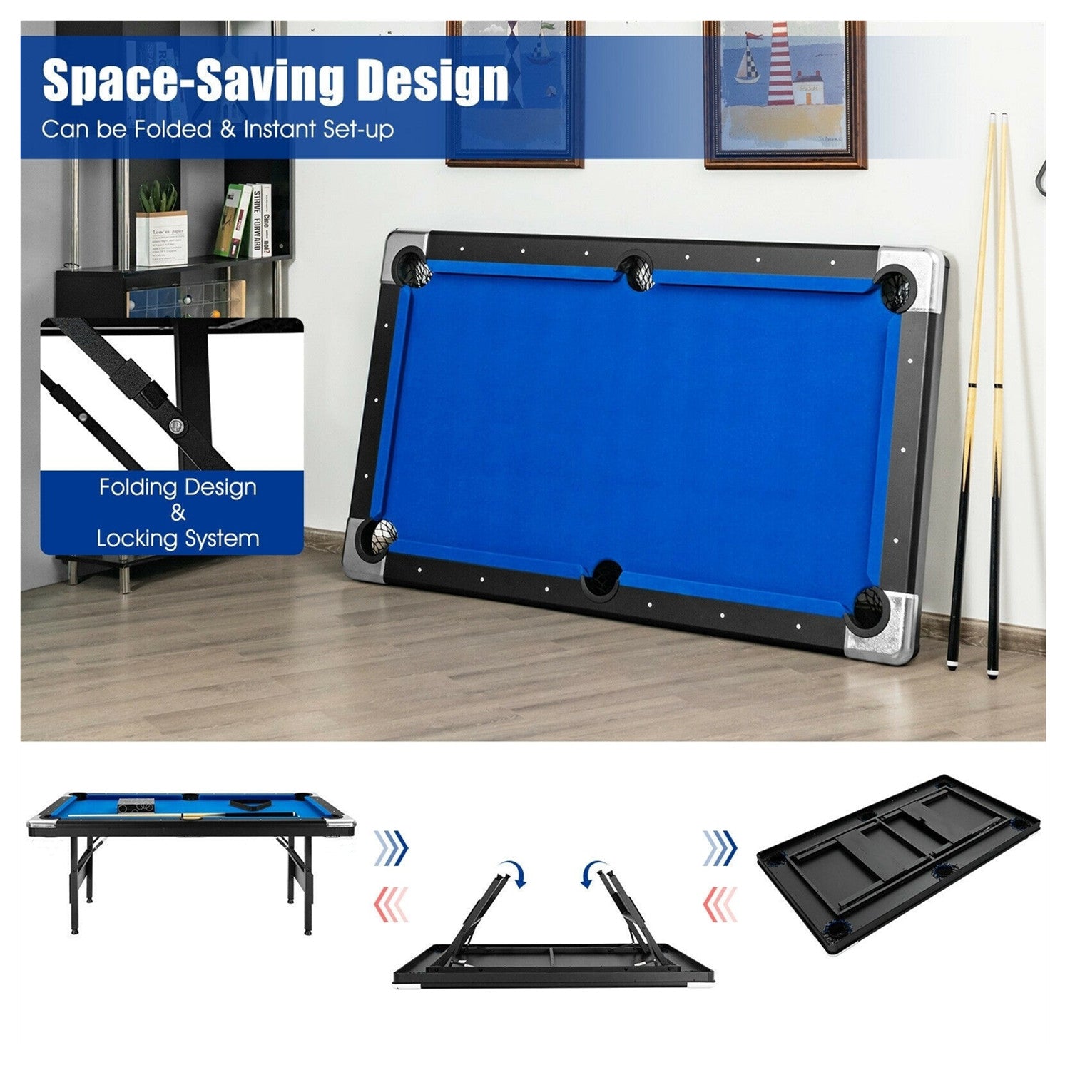 6FT Foldable Pool Table-Andorra|No Assembly Required (Blue)