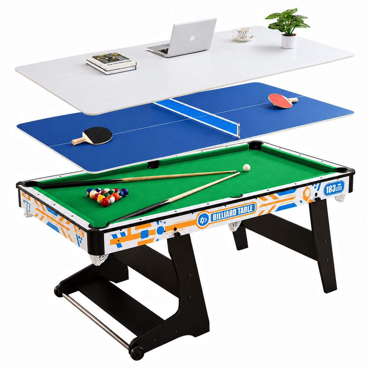 6FT Folding Pool Table 3-in-1 with Table Tennis & Dining Top – Rally