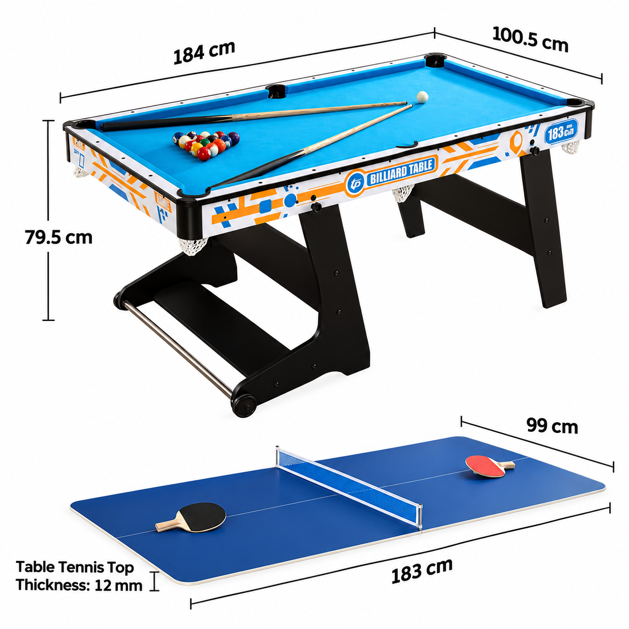 6FT Folding Pool Table 3-in-1 with Table Tennis & Dining Top – Rally