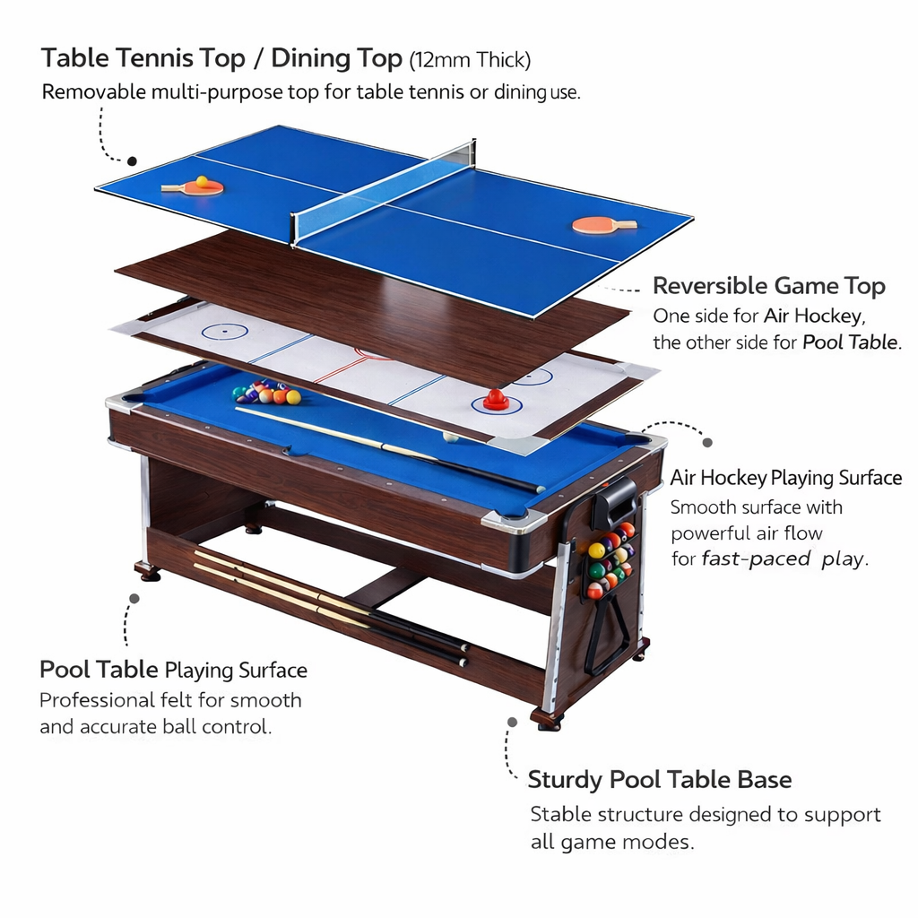 7FT Convertible Game Table - Walnut/Blue Felt