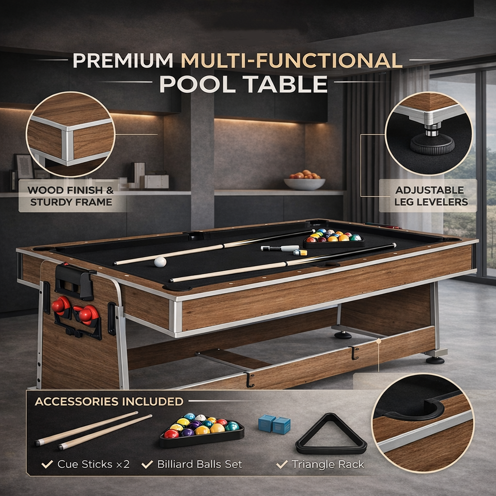 7FT 4IN1 Convertible Pool Table-Walnut Premium Quality(Black Felt)