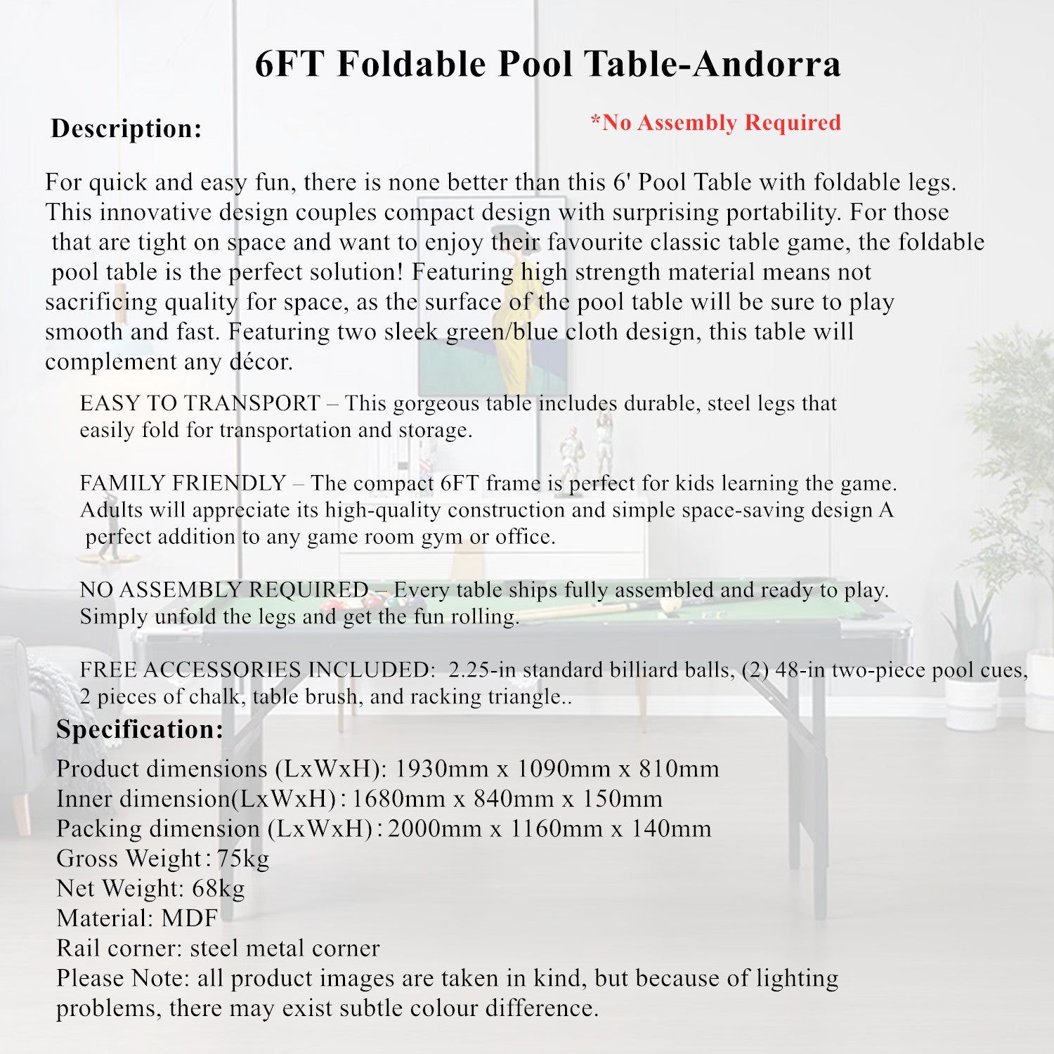 6FT Foldable Pool Table-Andorra|No Assembly Required (Blue)