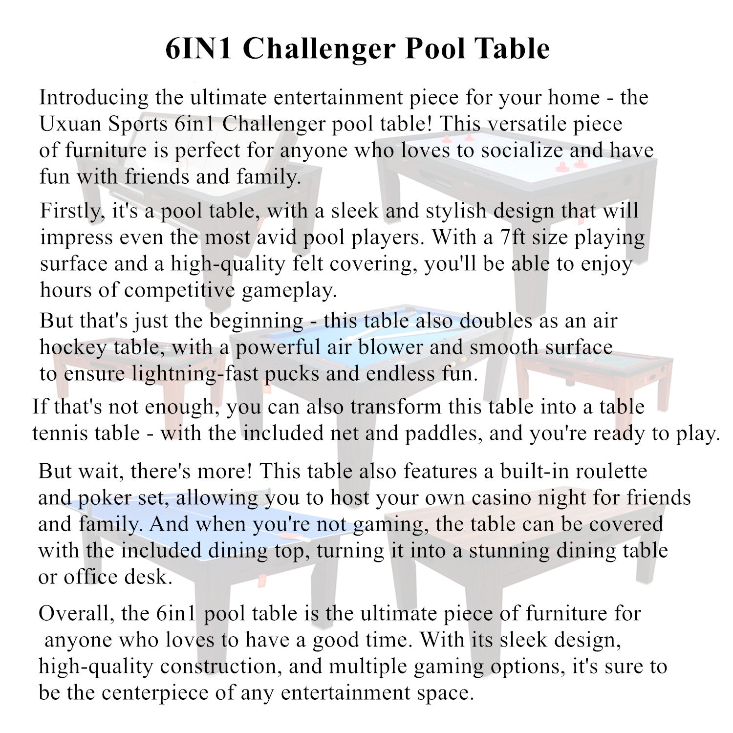 Challenger 6IN1 Pool Table| 7FT Ball Return