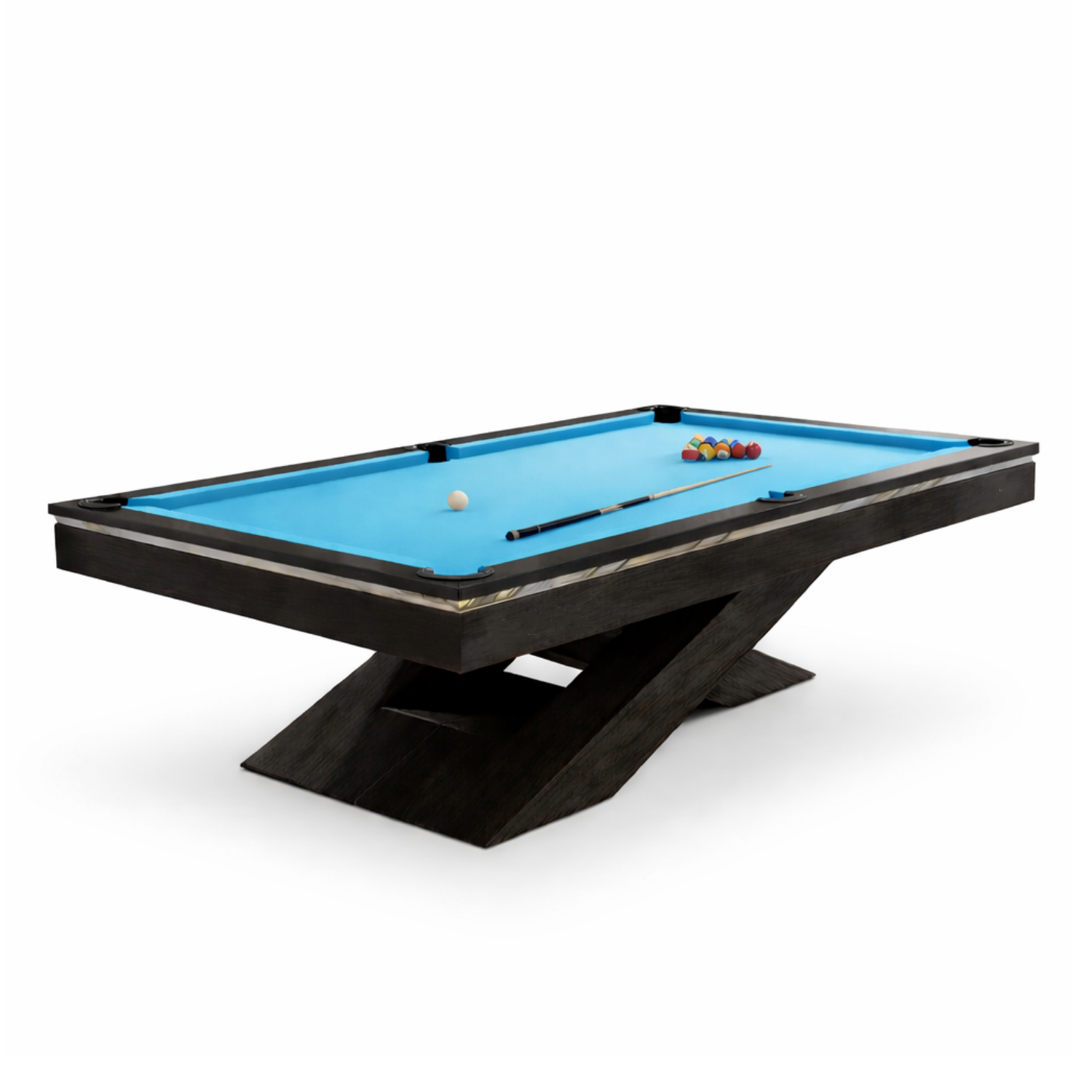 Uxuan Sports Luxury Modern pool table with blue felt and pool cues on a white background