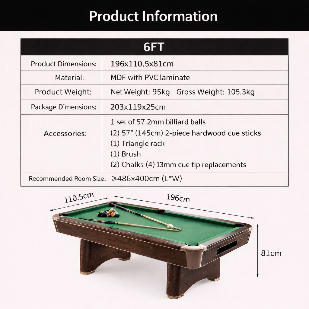 6FT Kingsford Classic Pool Table