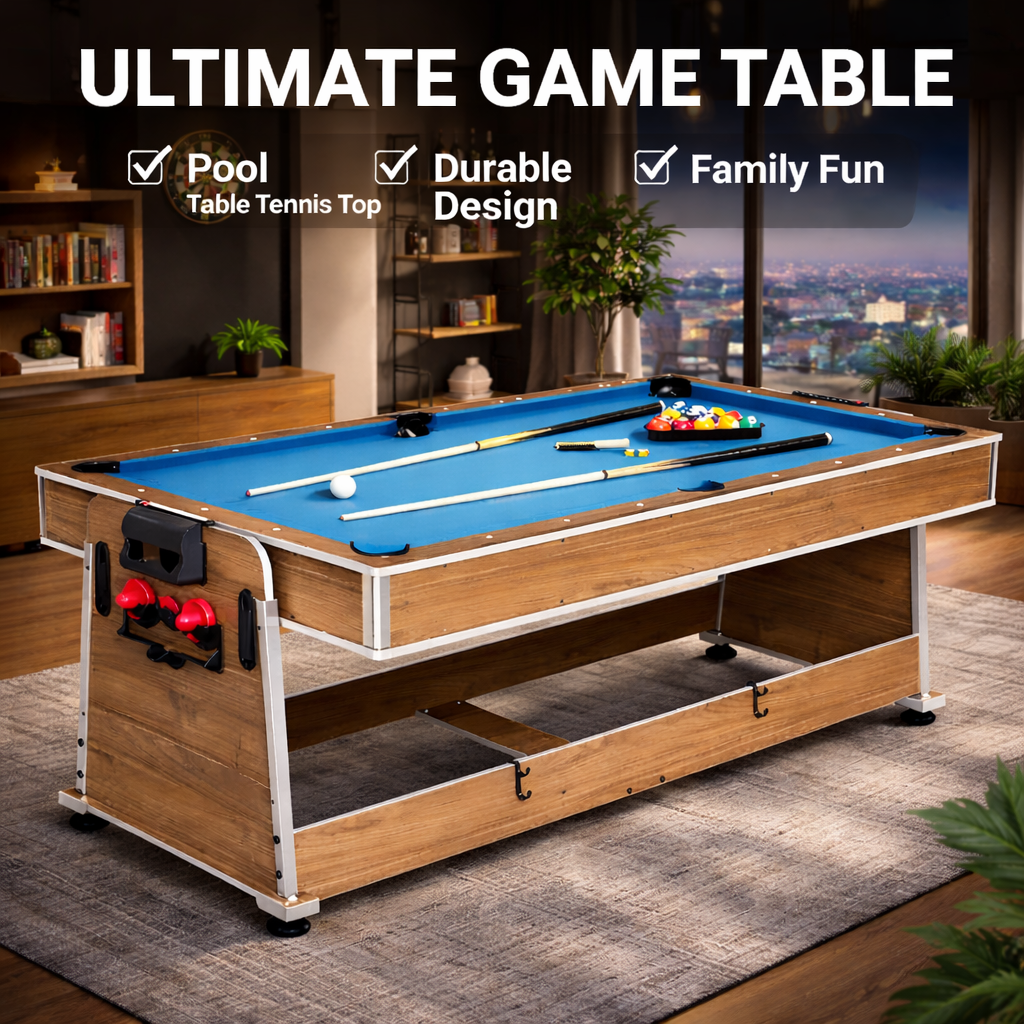7FT 4IN1 Convertible Pool Table-Walnut Premium Quality(Blue Felt)
