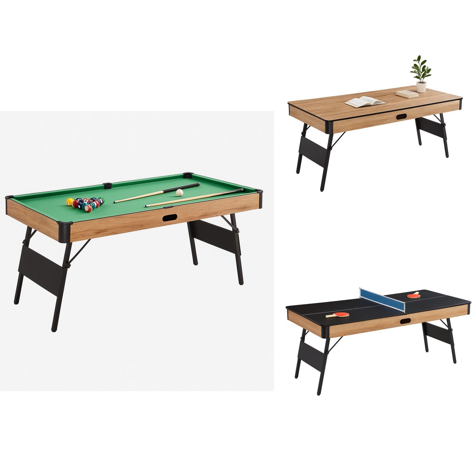 TriPlay 6FT Pool Table - 3IN1 Foldable (Ball Return Function）