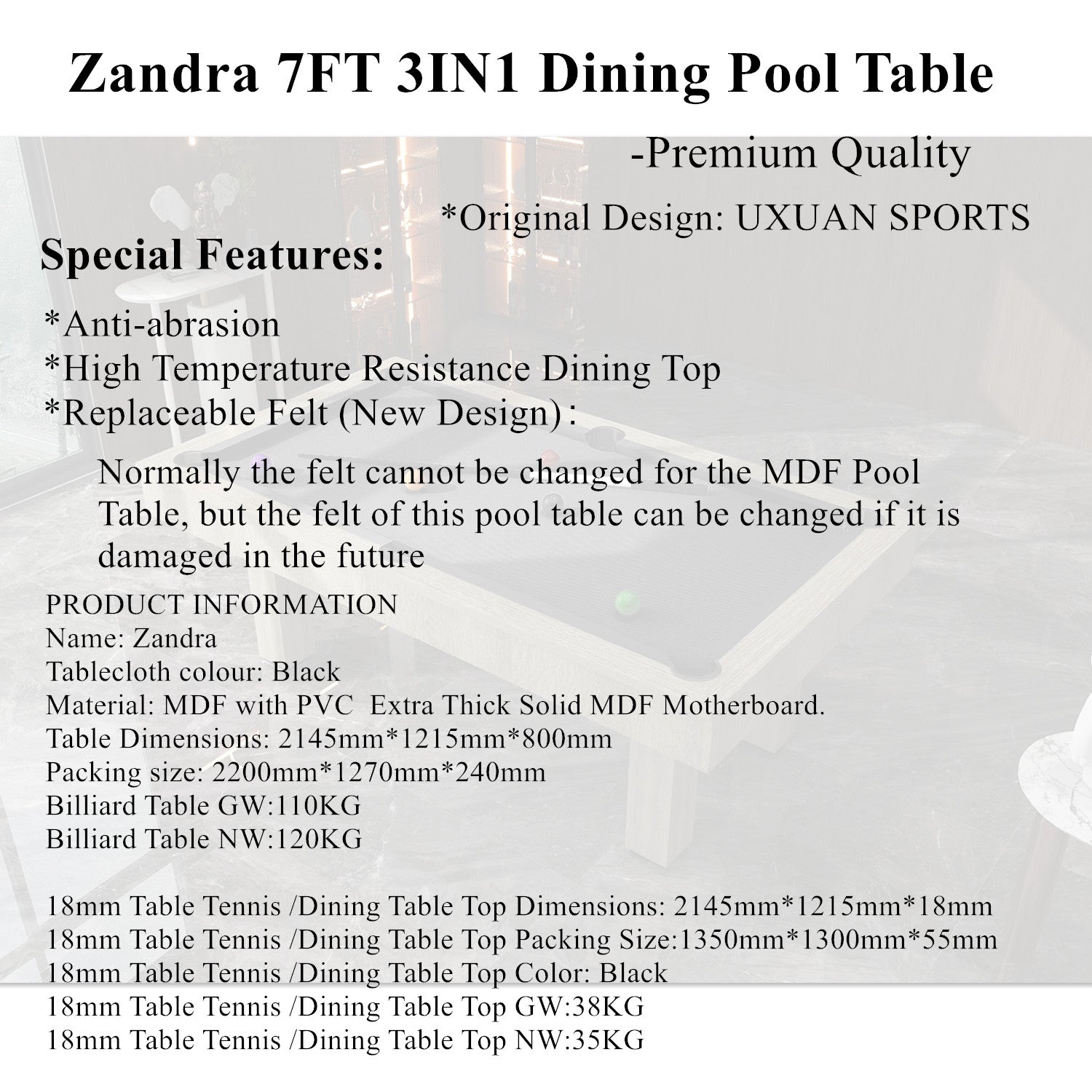 Zandra Dining Pool Table-3IN1 7FT