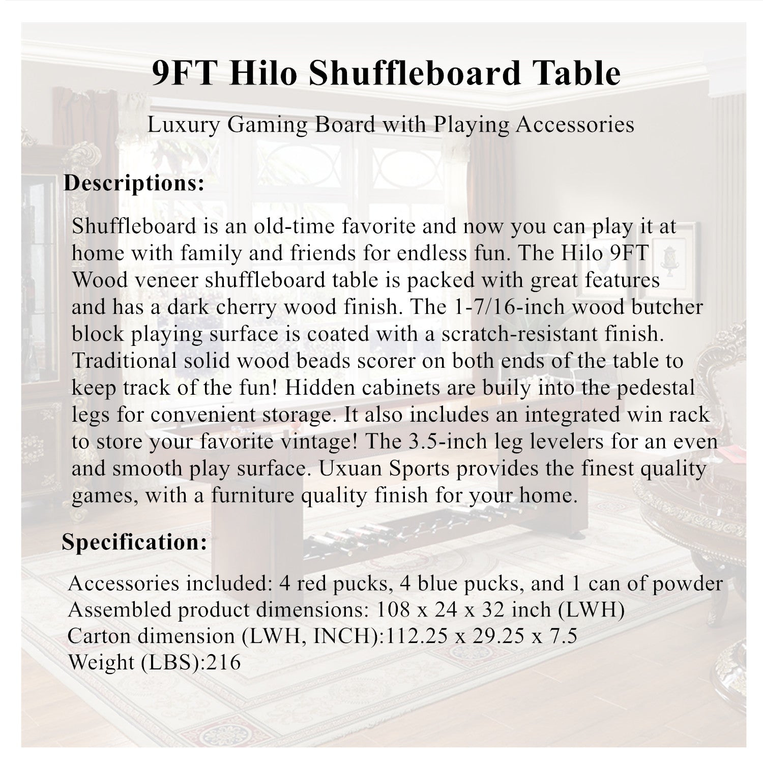 9FT Hilo Shuffleboard Table-3IN1 Wine Rack/Bowling