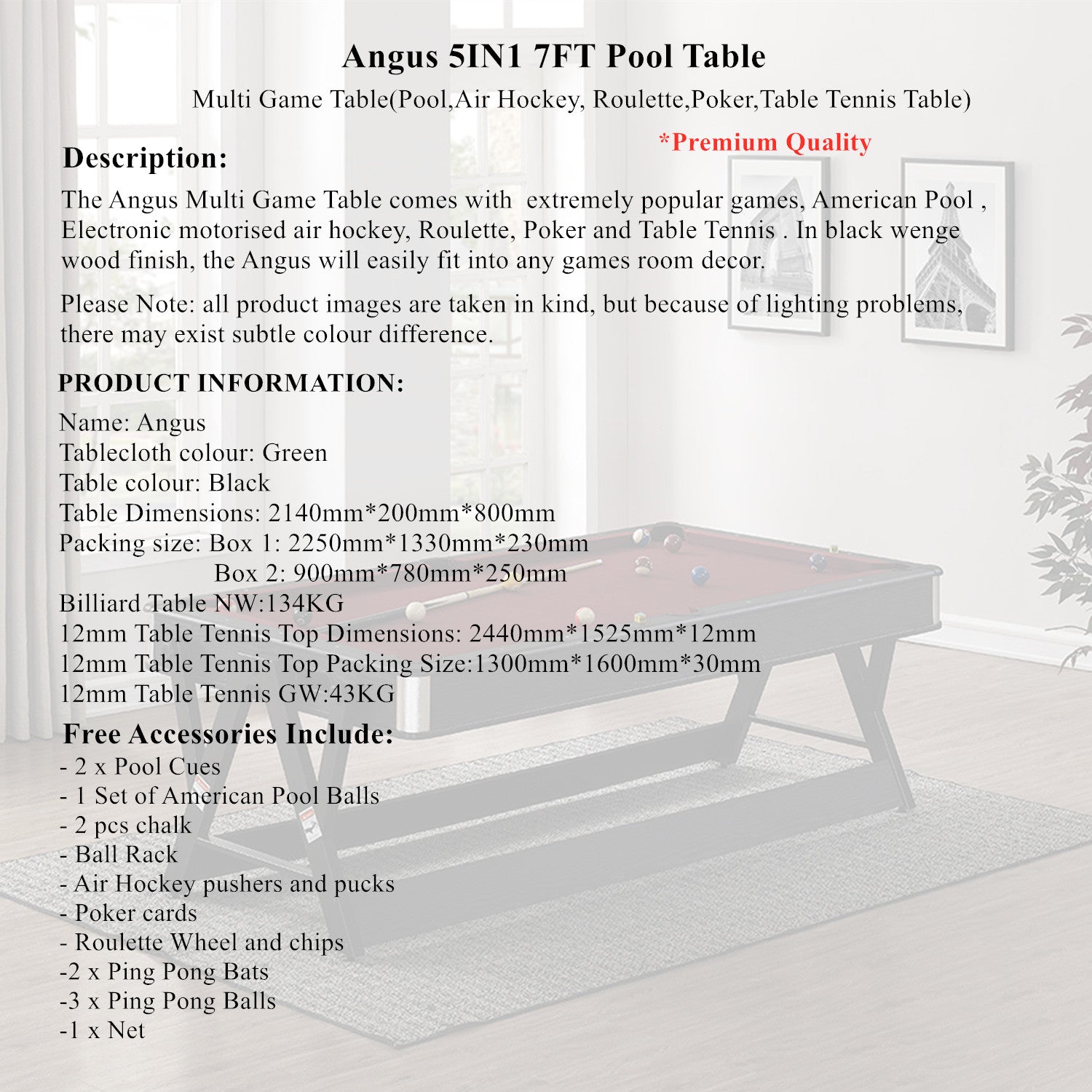 Angus 5IN1 7FT Pool Table-Multi Games