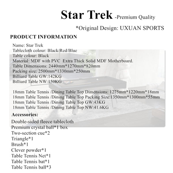 StarTrek 3IN1 Pool Table8FT Red/Top Storage Uxuan Sports